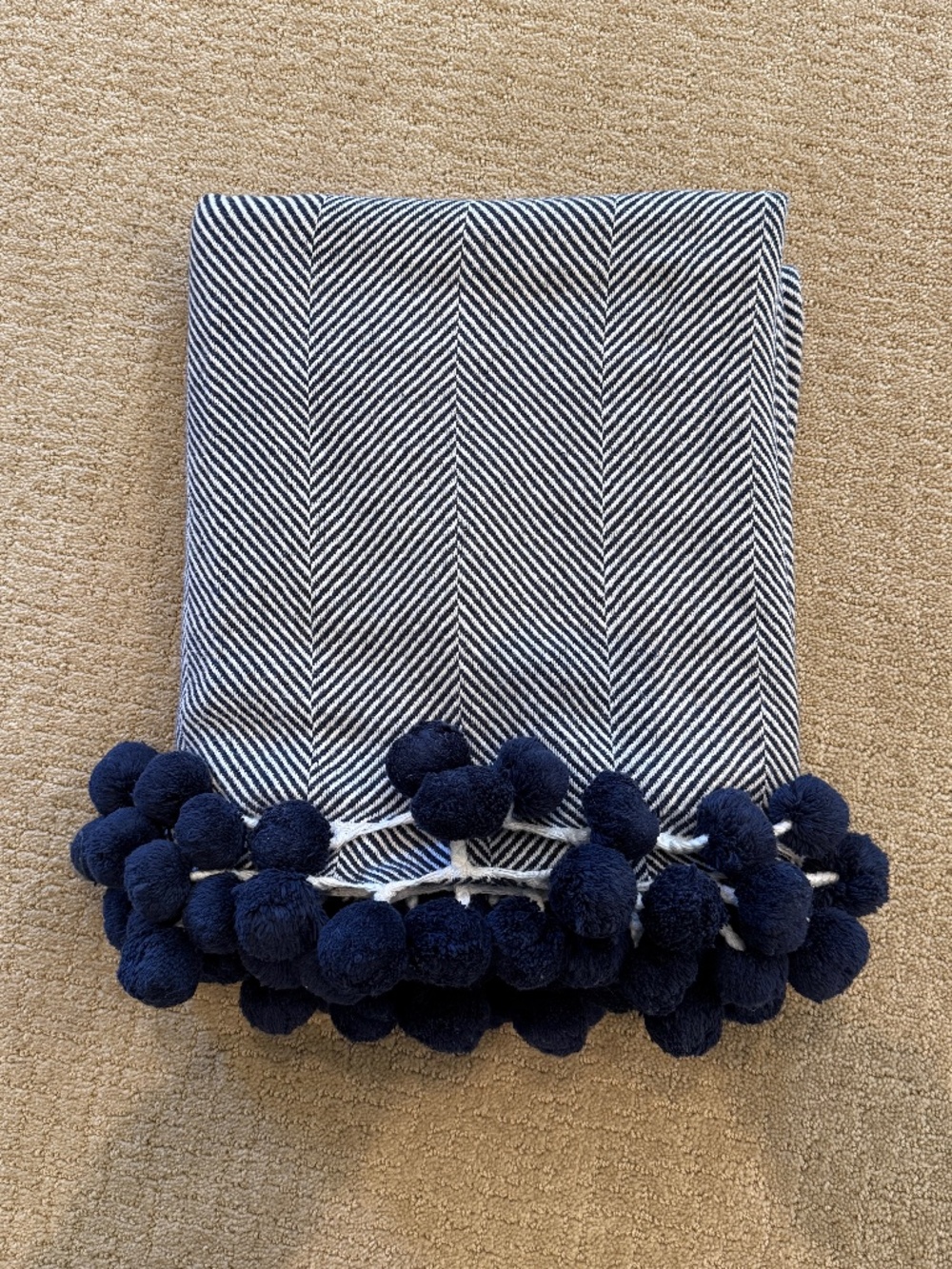 Pottery Barn Kids Blue & White Chevron Pom Pom Throw blanket